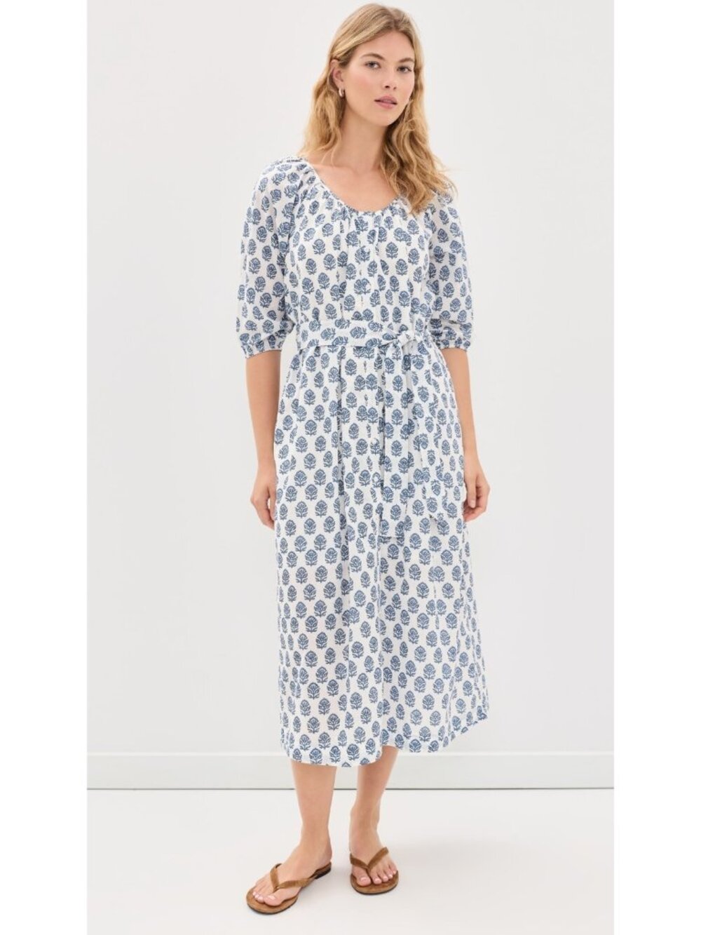 NWT Marea by Liz Joy Sophie in Atlantic Bordeaux Blockprint Cotton Midi Dress L